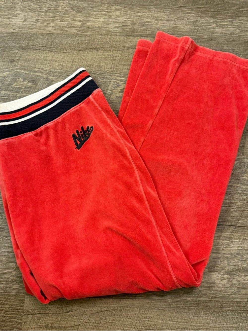 Vintage Nike Red Velour Track Pants with Striped Waistband